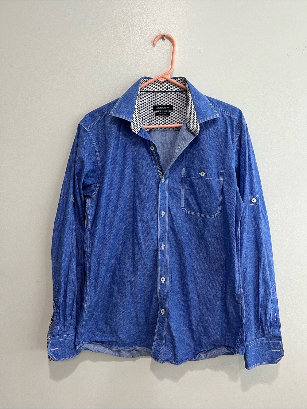 Bugatchi Blue Men's Shirt with Patterned Contrast Collar & Sleeves